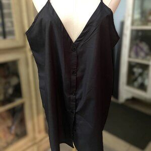 CLASSY MISSLOOK BLACK LINED V-NECK BUTTON FRONT BLOUSE XL (SEE MEASUREMENTS)